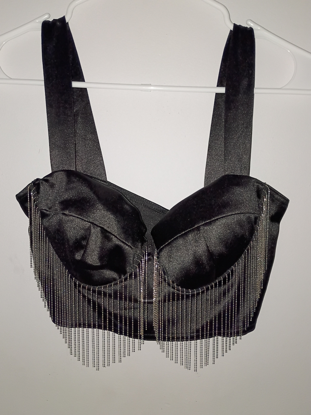 SHEIN Black Satin Fringe Bralette with Chain Tassels